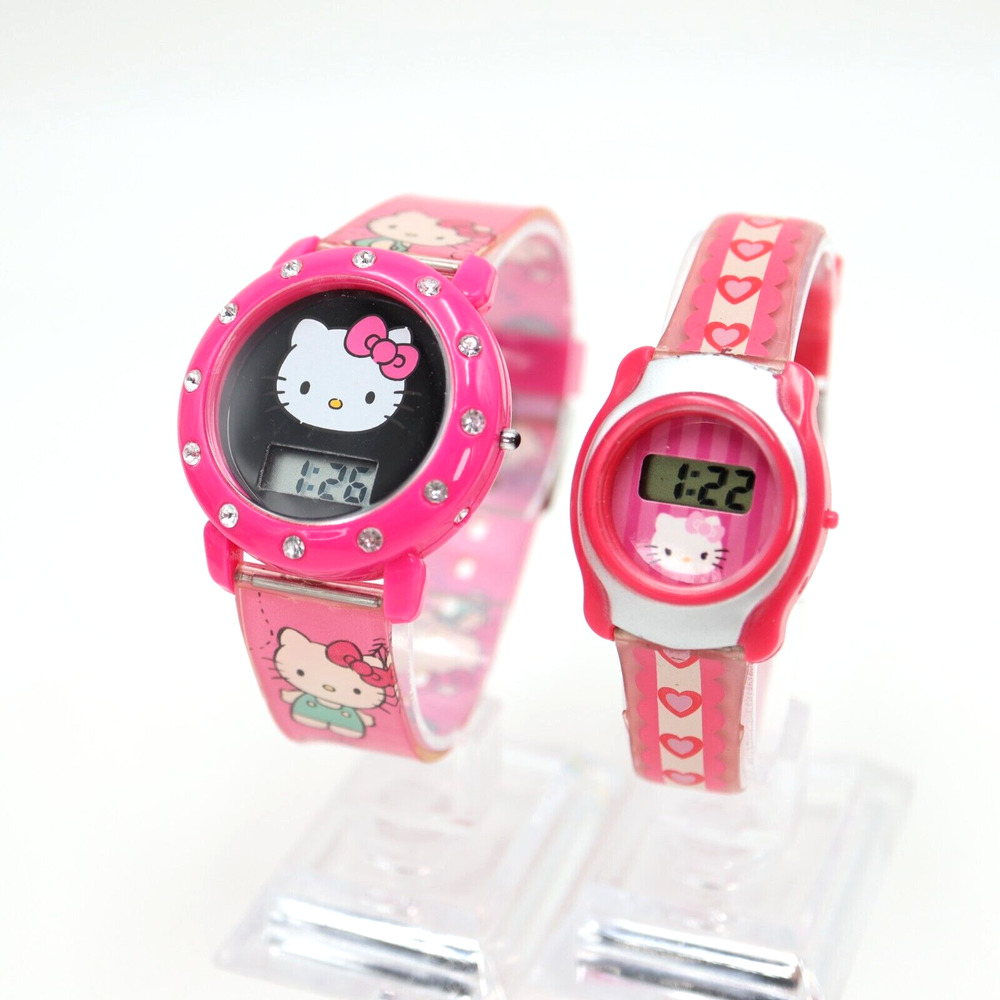 2 Hello Kitty Digital Watches Pair Sanrio Kids Pink Hearts with New Batteries